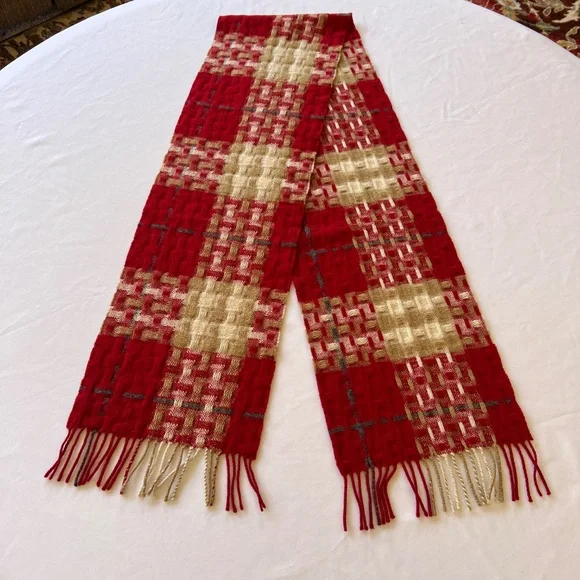 Burberry Merino Cashmere Red, Tan, Cream Plaid Scarf - Picture 5 of 10